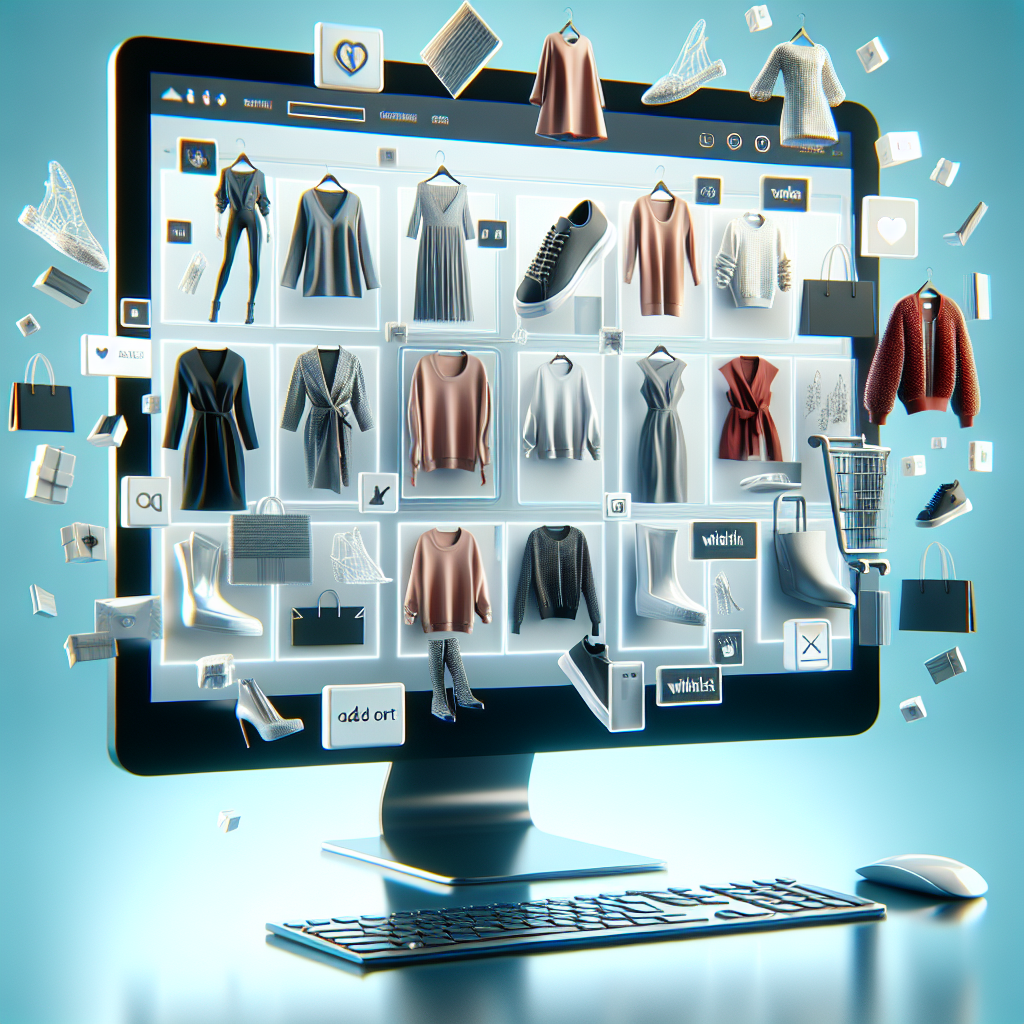 A computer screen displaying a modern online fashion store interface with floating clothing items and accessories, highlighting the theme of fashion online shopping trends.