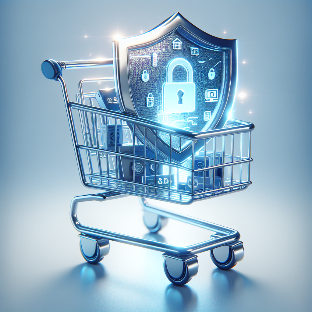 A sleek, metallic digital shopping cart with a glowing shield and a small padlock, filled with various shopping items, representing secure online shopping.