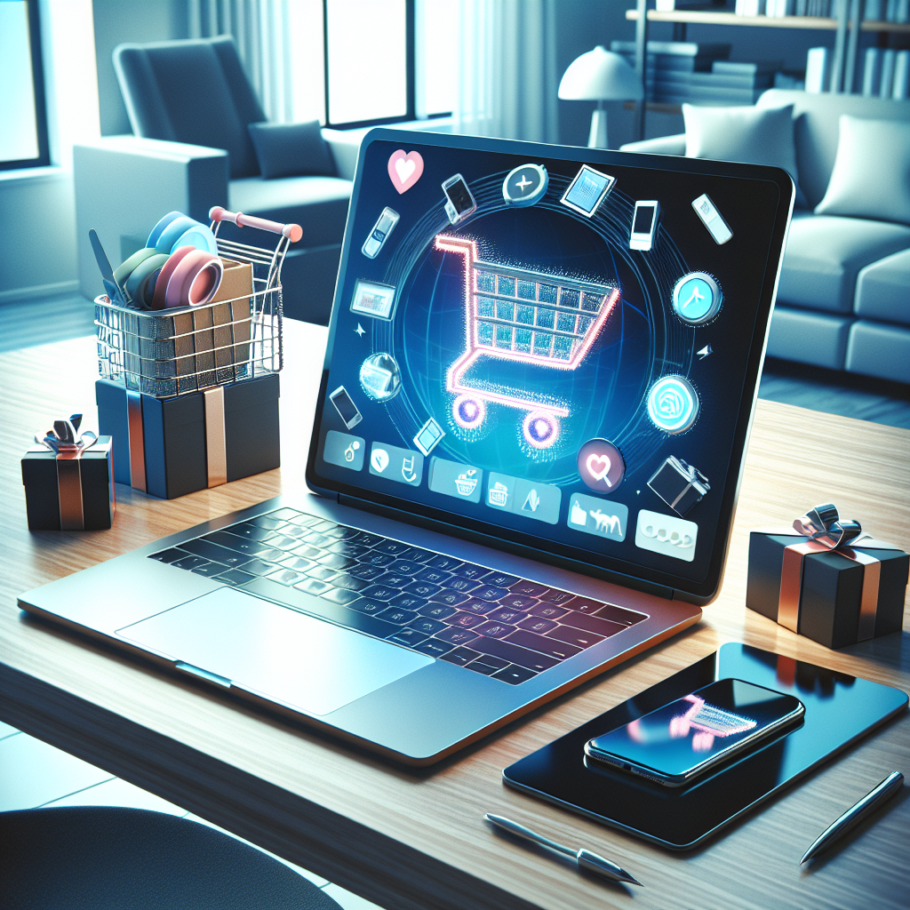 A laptop on a desk with a shopping cart icon on the screen, surrounded by various high-quality products.