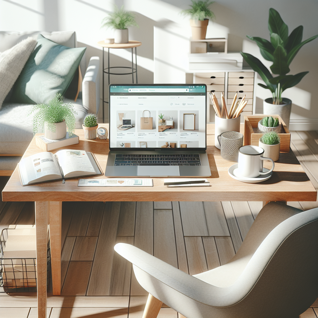 Realistic home office setup with a laptop displaying an online shop, surrounded by office supplies and plants.