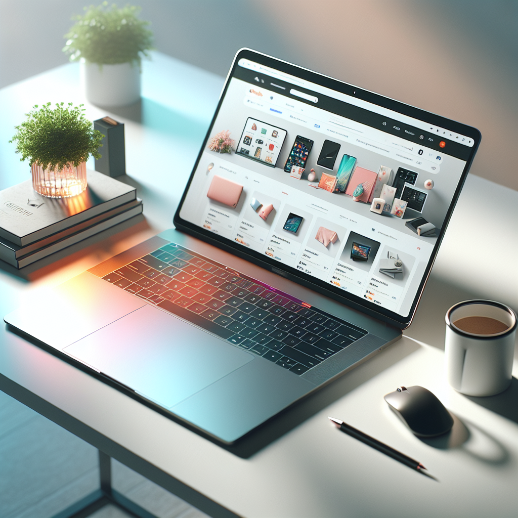 A laptop displaying an online shopping interface on a modern, minimalist desk.