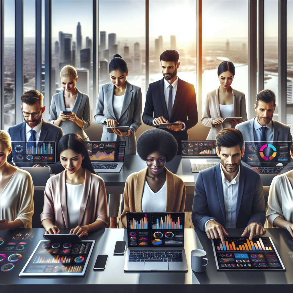 A realistic depiction of professionals engaging in online business marketing with various digital devices in a modern office.