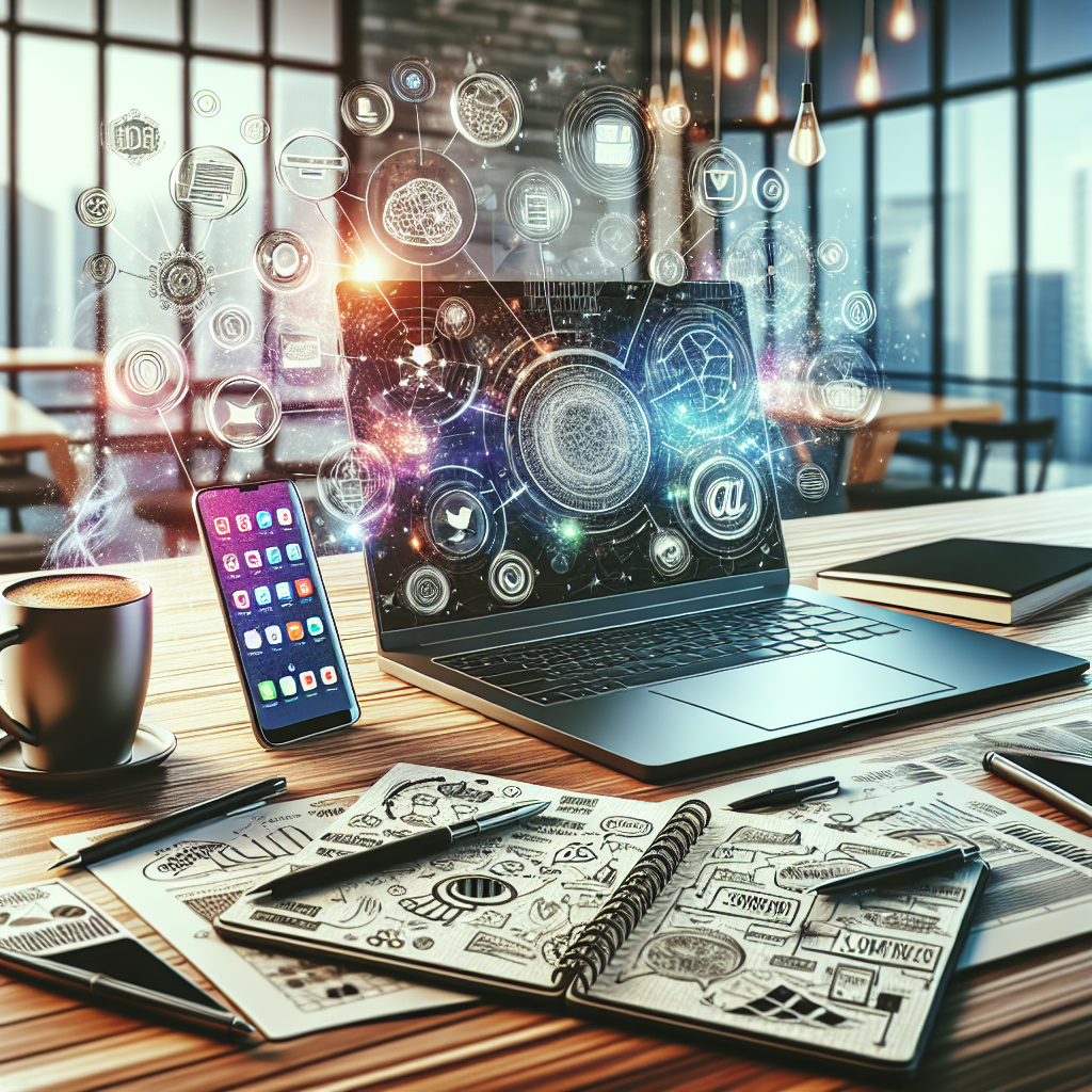 A modern office desk with online business marketing tools, including a laptop, smartphone, notepad, and coffee cup.