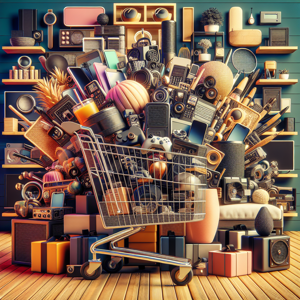 A shopping cart filled with high-quality products like tech gadgets and stylish home decor, depicting bargain shopping.