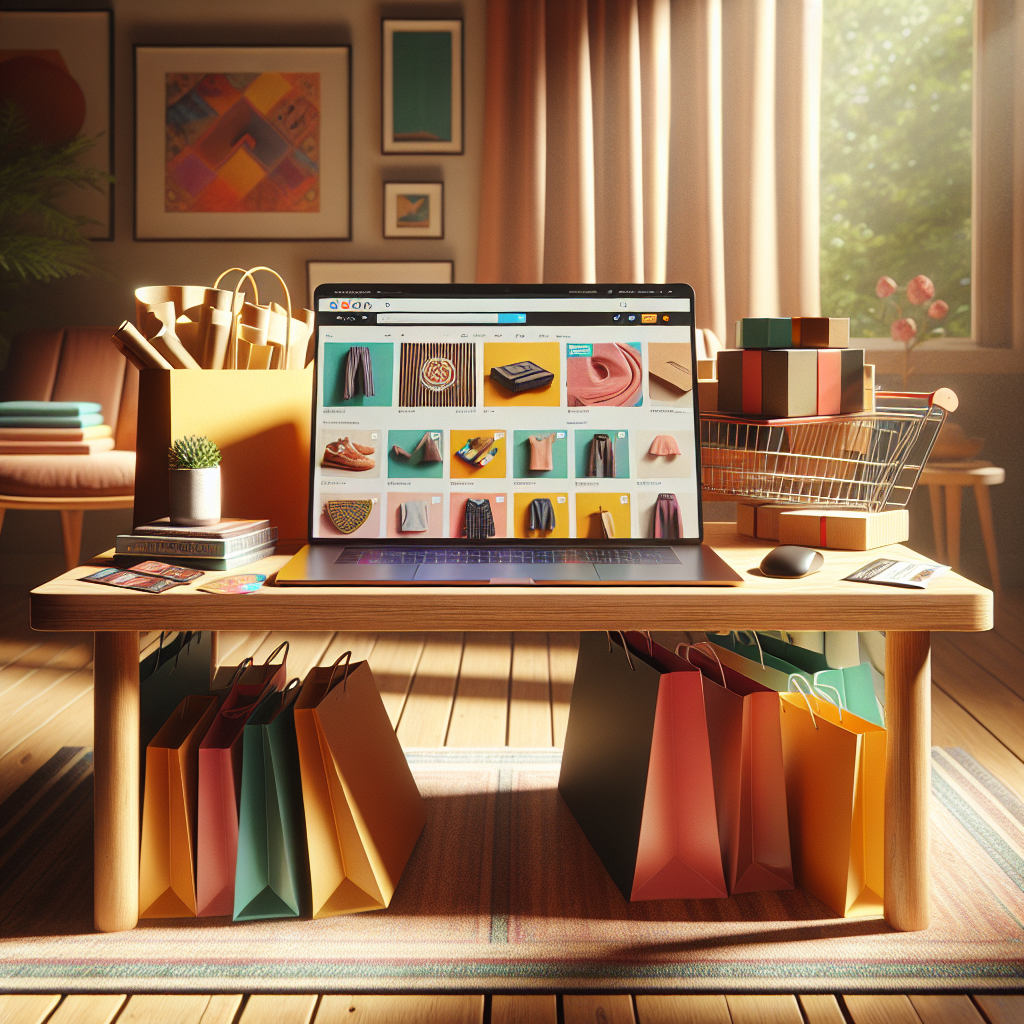 A realistic image of online shopping with a laptop on a wooden table, surrounded by shopping bags and packages in a cozy room.