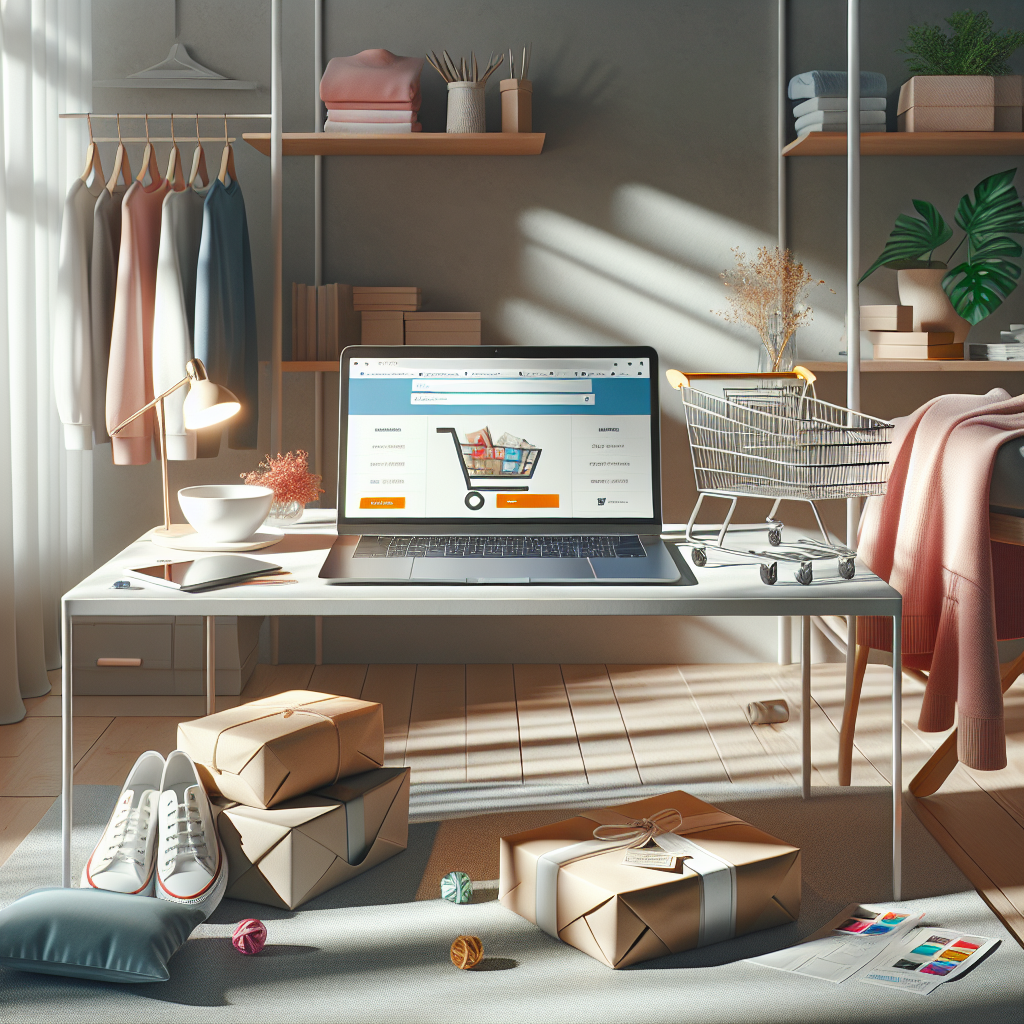 A realistic scene of an online shopping setup with a laptop and various affordable items on a clean, minimalist desk.