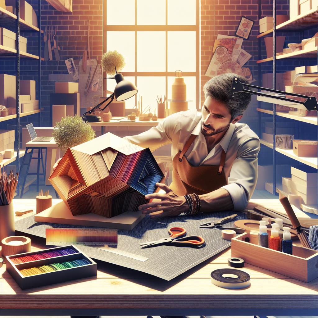 A realistic depiction of a skilled designer crafting a high-quality product in a meticulously organized workspace.