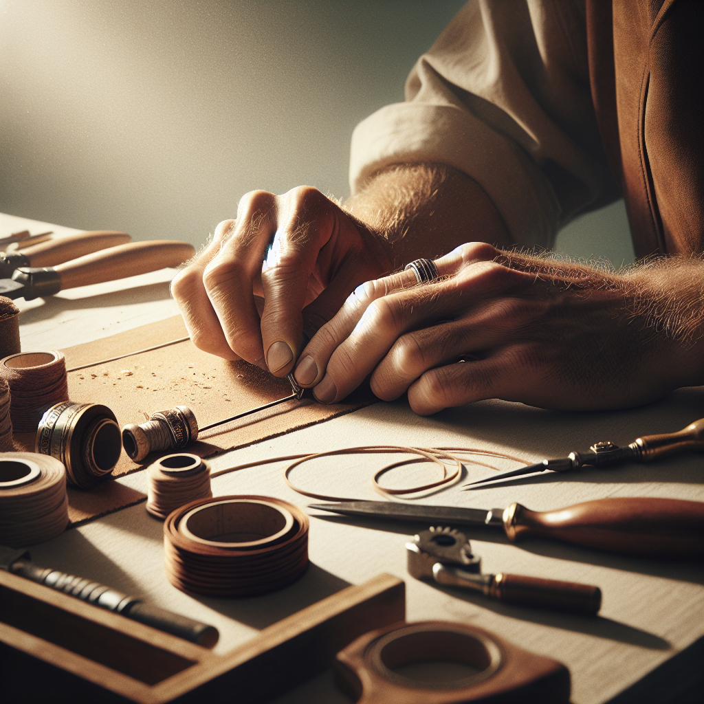 Skilled artisan's hands crafting a product, showcasing precision and high-quality materials.