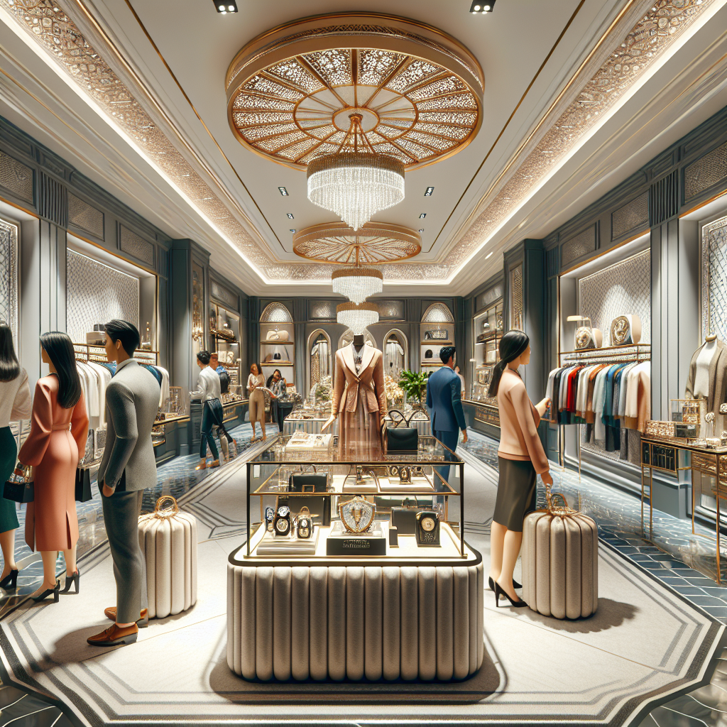 An elegant boutique interior with high-end products on display, capturing a luxurious shopping experience.