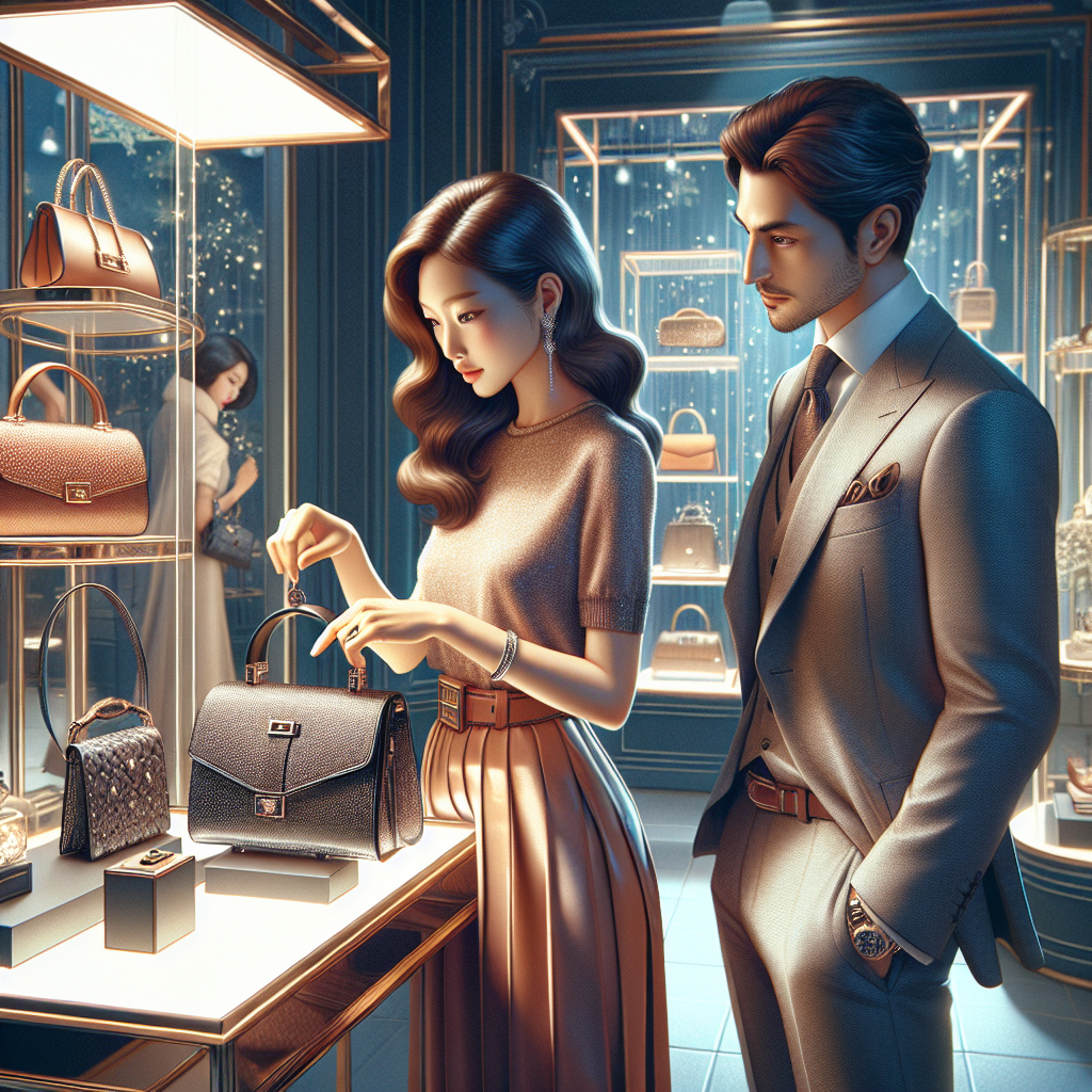 A well-dressed couple shopping for a high-quality leather handbag in a luxurious boutique.