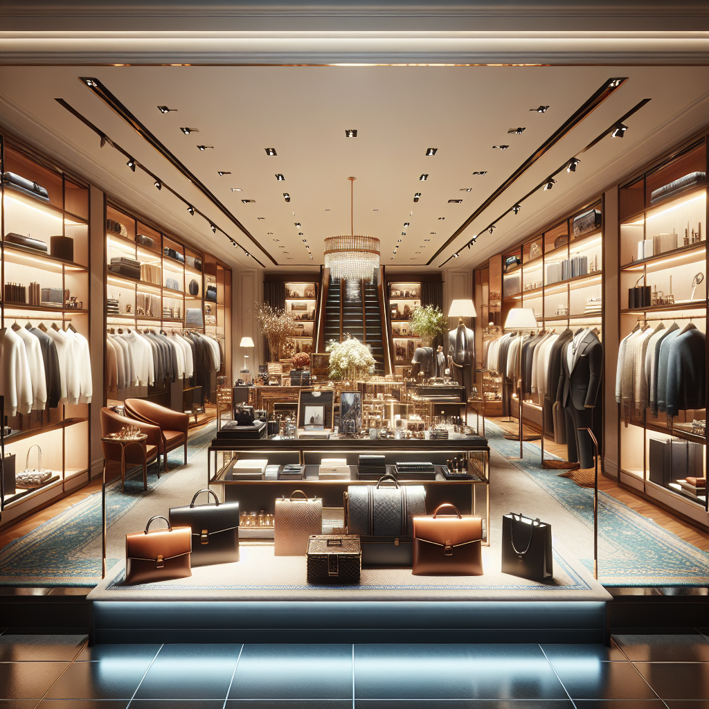 A realistic image of a luxurious storefront with high-end products and elegant displays.