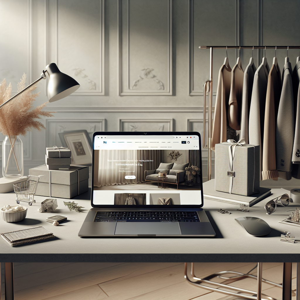 A realistic depiction of an elegant online shopping experience with premium quality products displayed on a laptop and desk.