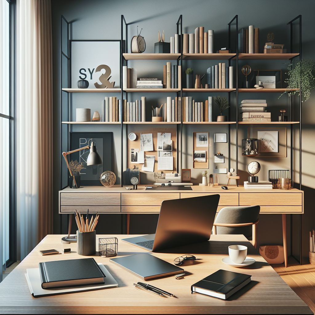 A realistic modern home office setup with a laptop, coffee cup, notebook on a desk, and a bookshelf behind it, bathed in natural light.