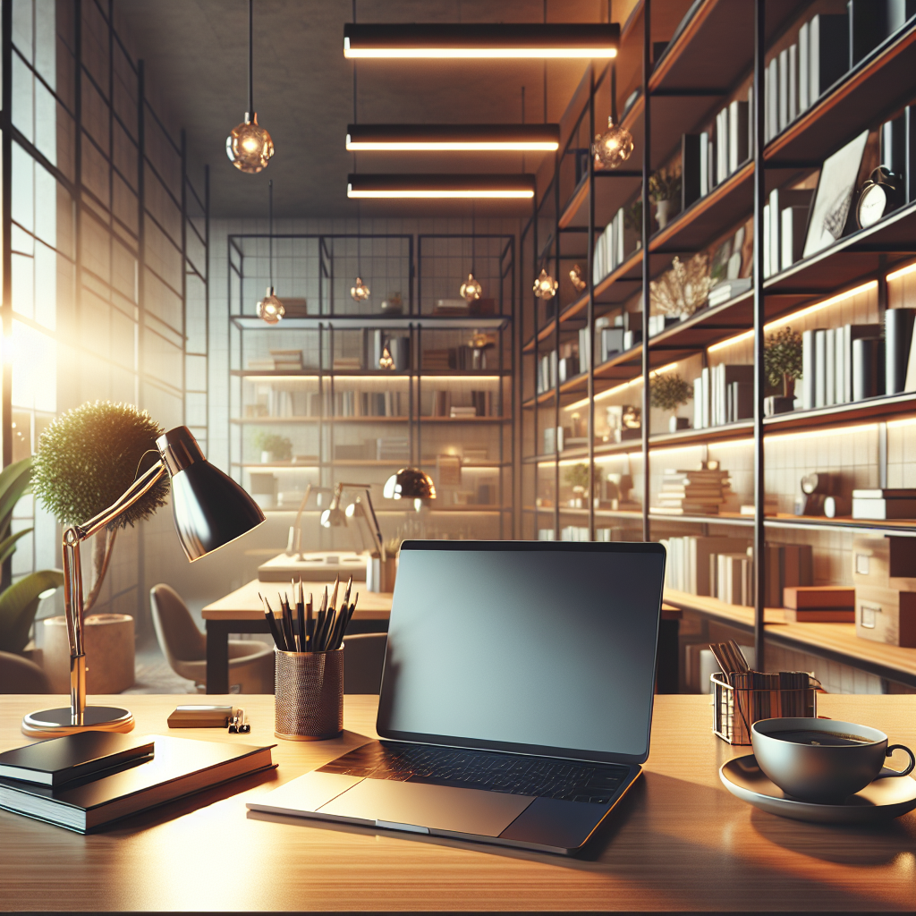 A modern workspace with a laptop, coffee, and books set up for online business.