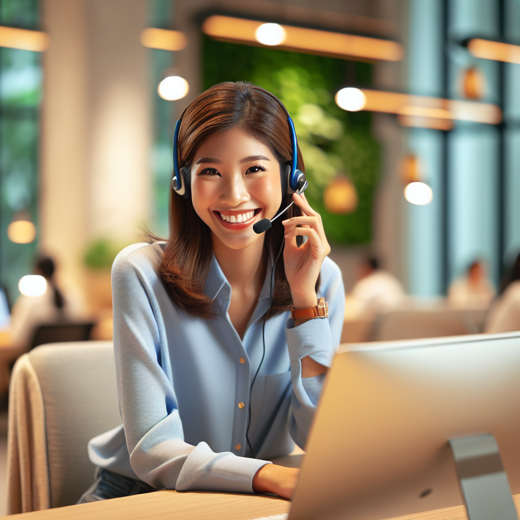 A smiling customer service representative enthusiastically interacting with a customer via headset in a modern office.