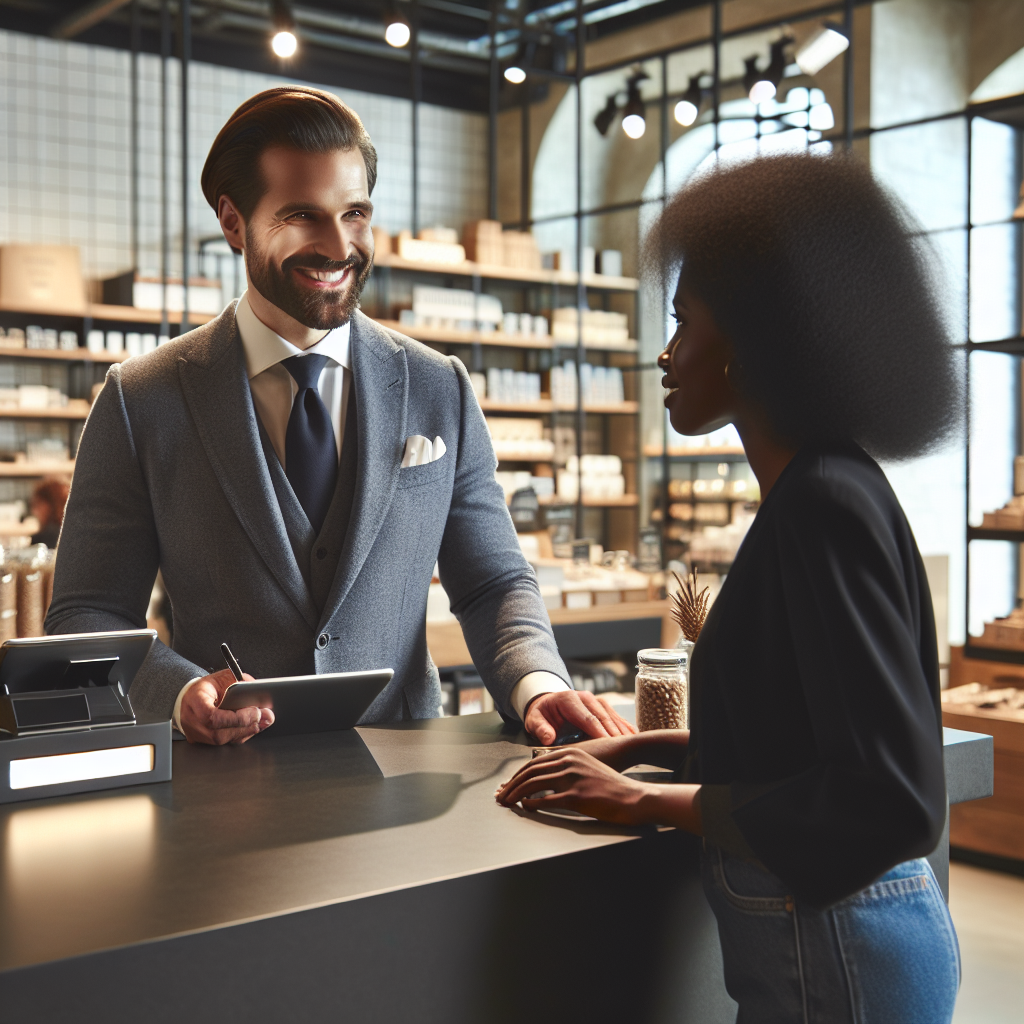 Friendly customer service at Ryvian Shop with a representative behind a modern service counter.