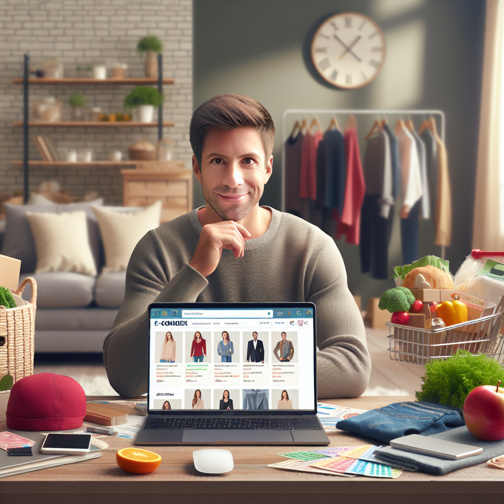 A person shopping online at a desk with various types of products around them.