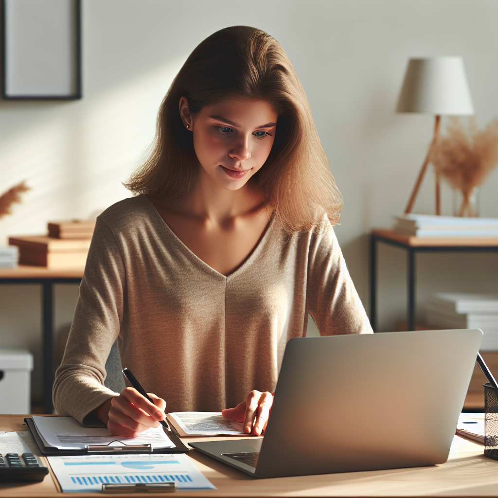 A young entrepreneur registering an online business on a laptop in a home office setting.