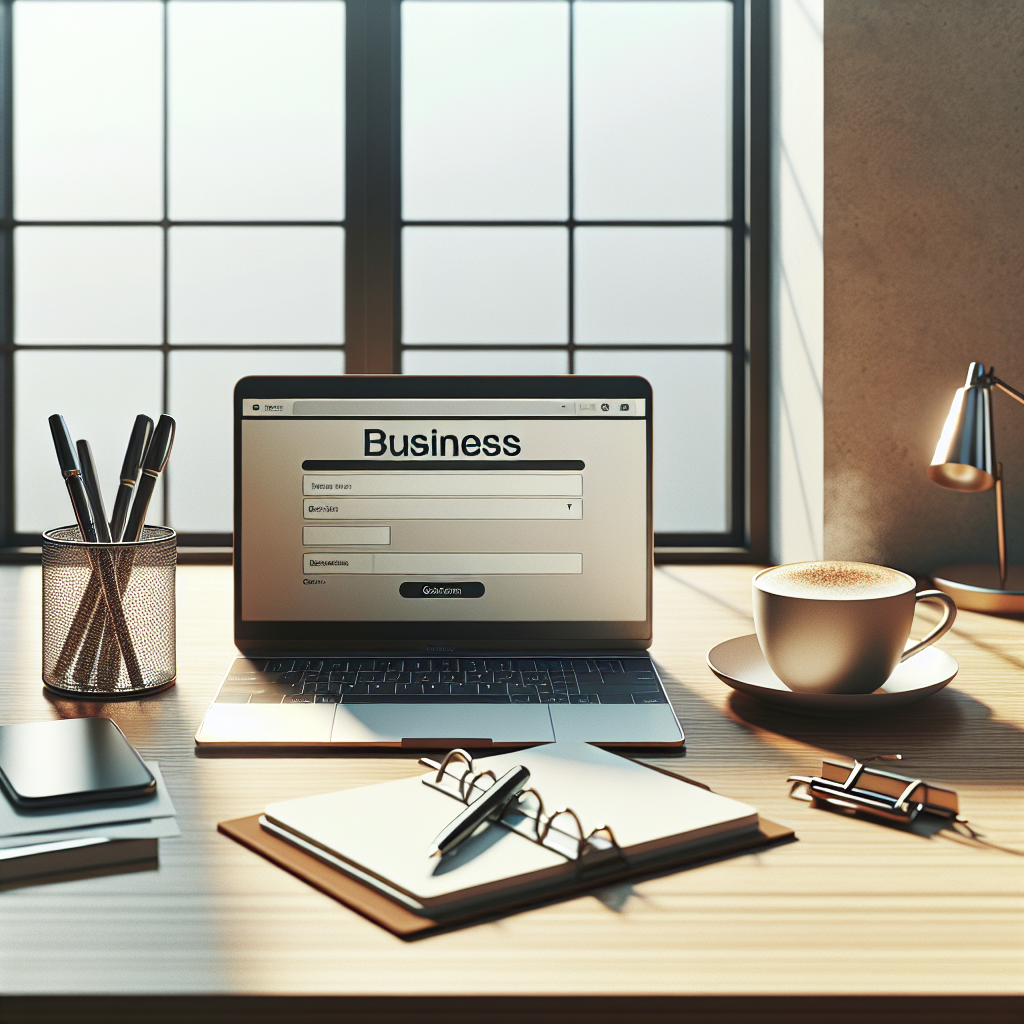 A professional workspace with a laptop open to a business registration website, a coffee cup, notepad, and pen on a tidy desk with natural lighting.