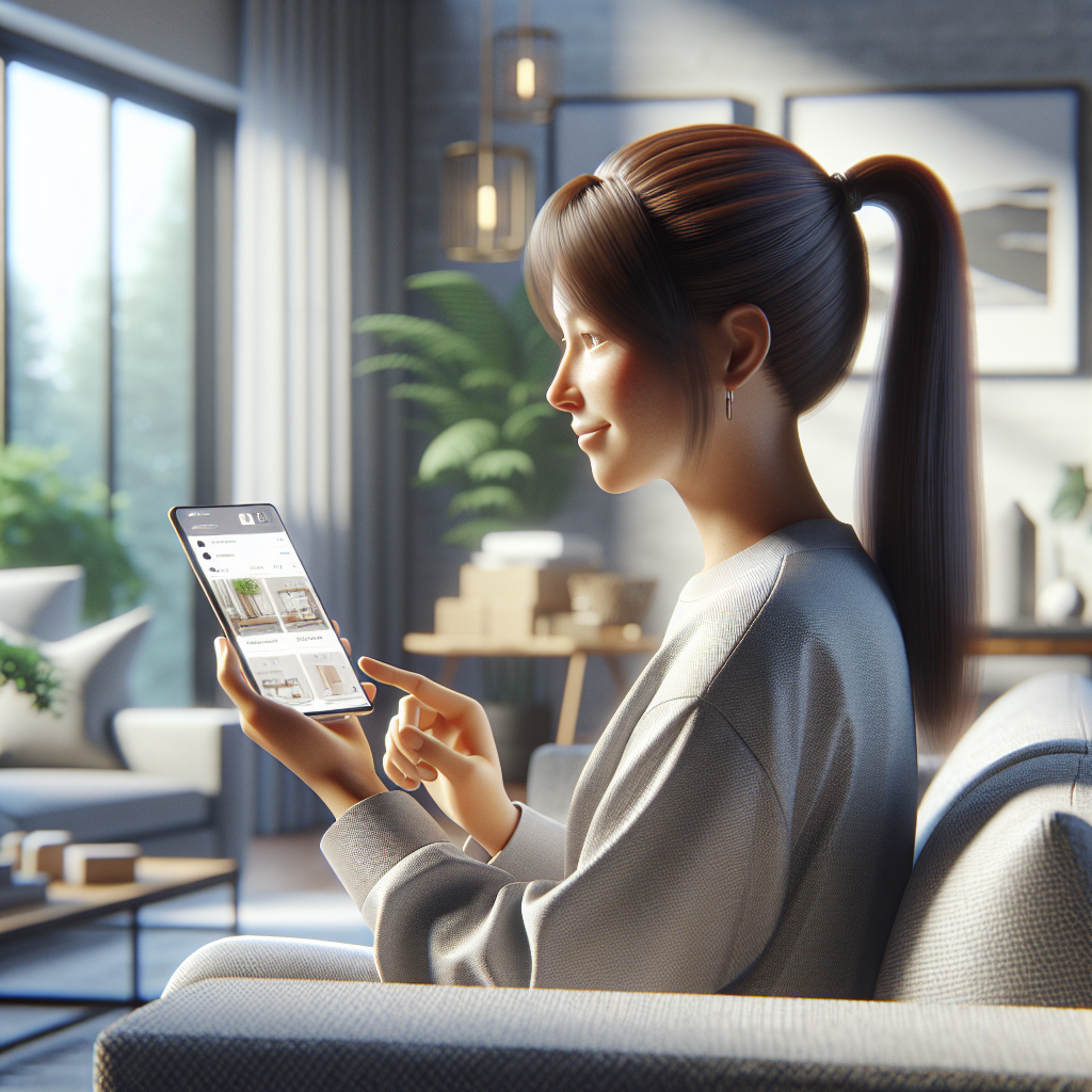 A woman using the Amazon mobile app while seated on a sofa in a modern, well-lit living room.