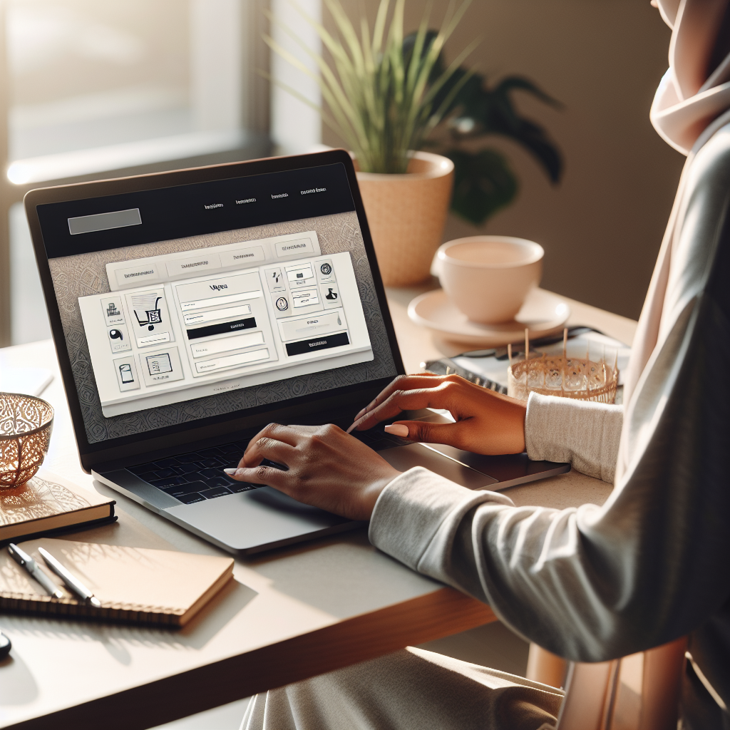 An entrepreneur using an ecommerce website builder on a laptop at a modern workspace.