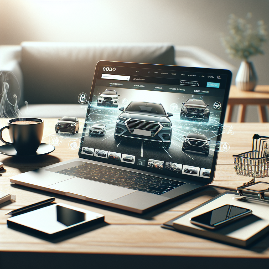 A realistic scene of a modern desk with a laptop displaying a car buying website, highlighting the convenience of online car purchasing.