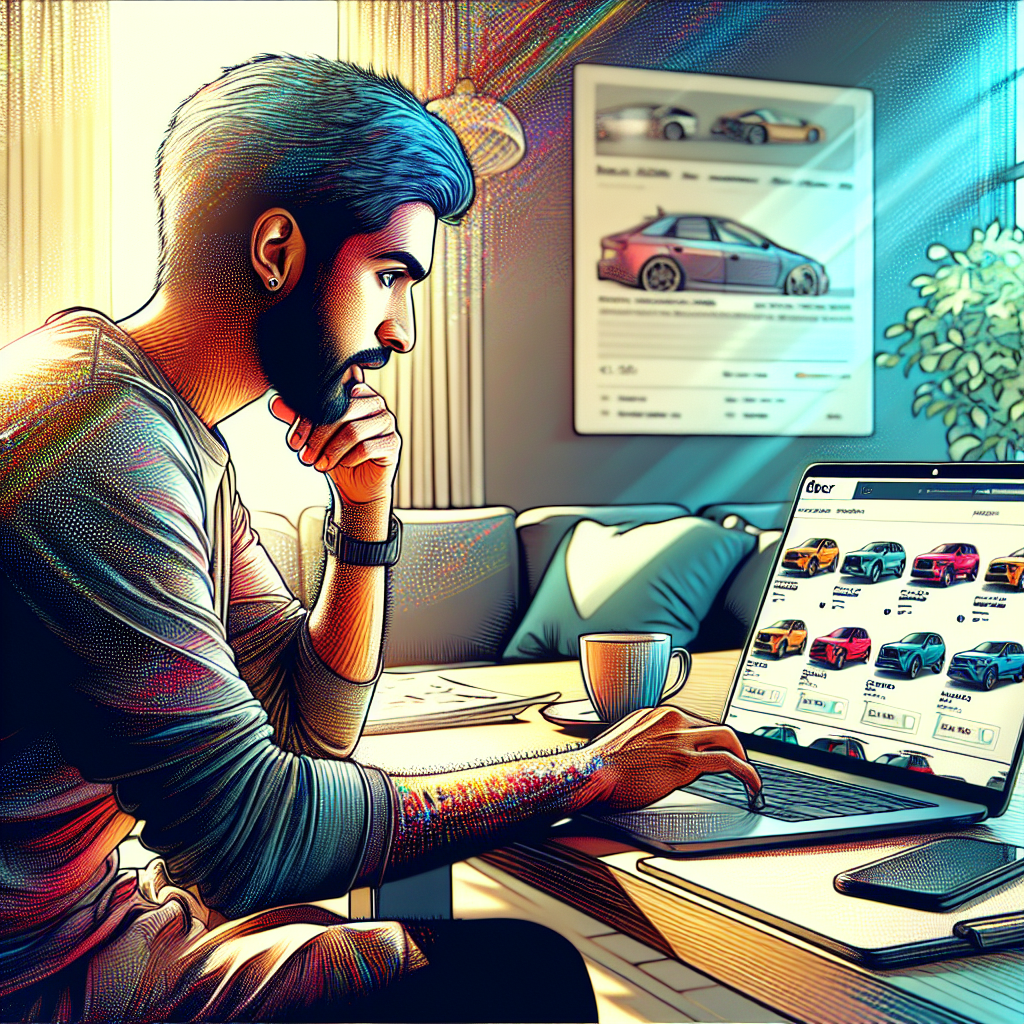 A person browsing cars on a laptop, showcasing the concept of online car buying in a realistic setting.