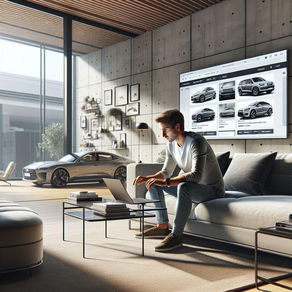 A man browsing car buying websites on a laptop in a modern, well-lit living room.