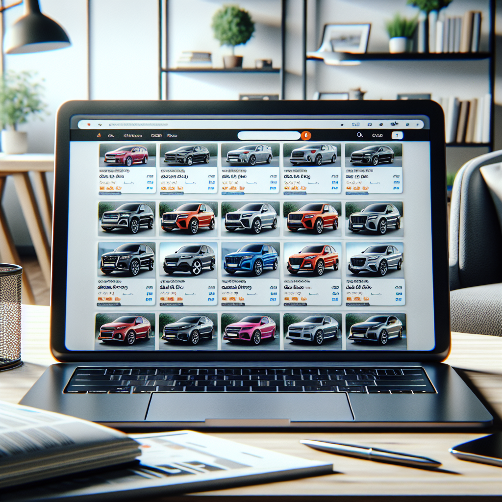 Image of an online car buying interface on a laptop in a cozy home office setup.