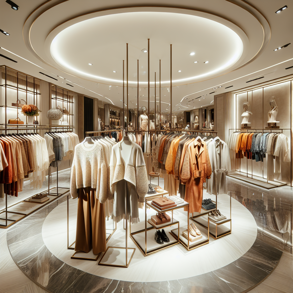 Interior of a modern stylish clothing store named 'D and K' displaying chic casual and sophisticated formal wear.