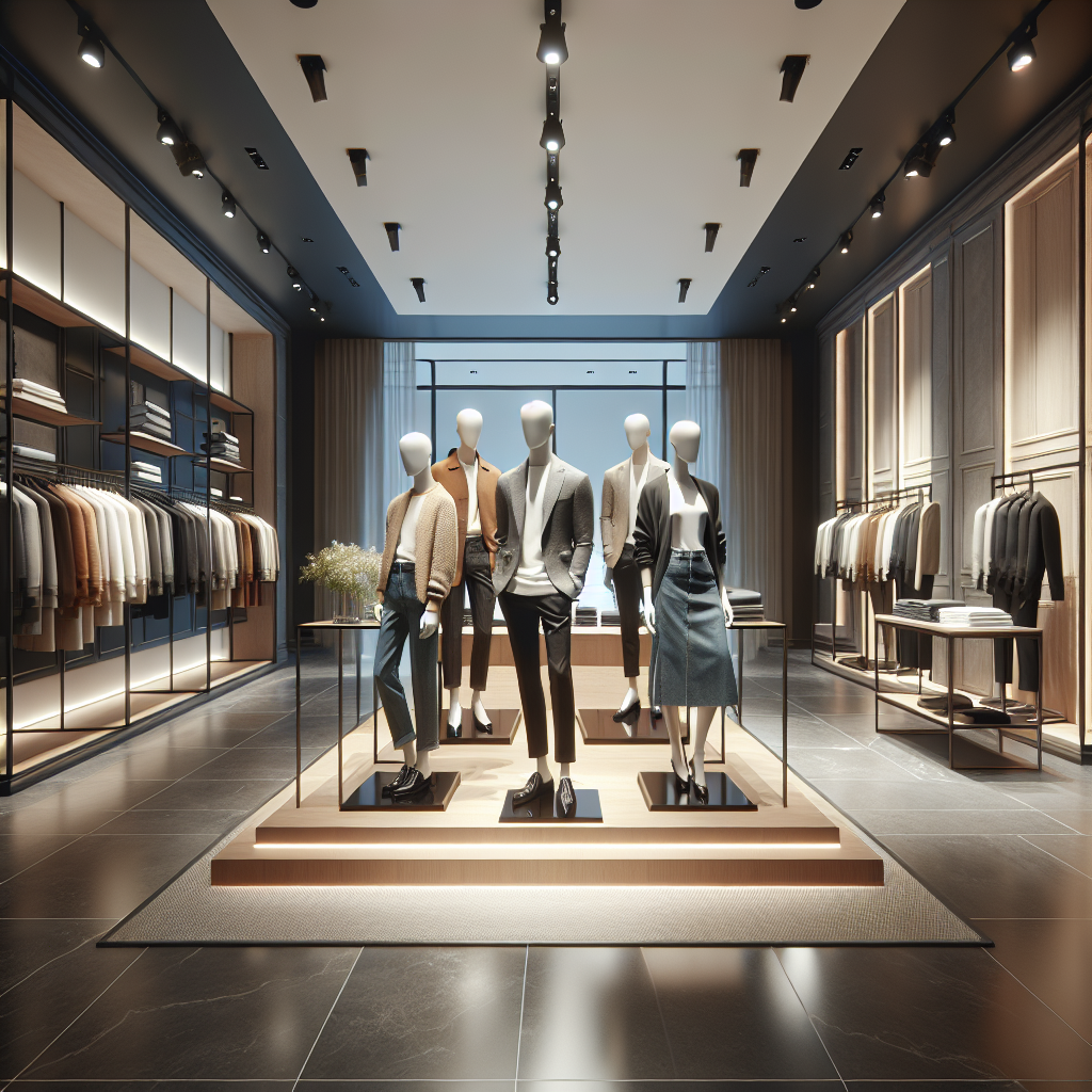 Interior of a high-end clothing store with mannequins dressed in both casual and formal wear, showcasing D and K clothing stores.