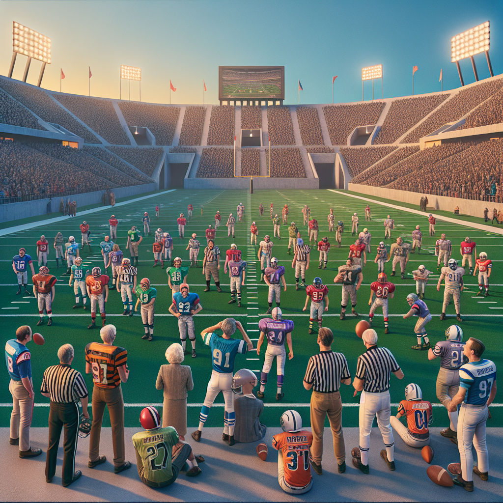 A realistic depiction of a high school football game controversy with mismatched players and concerned coaches.