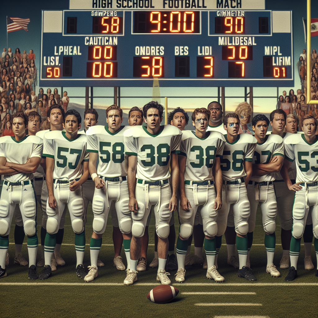 A realistic depiction of a controversial high school football game with concerned players and coaches.