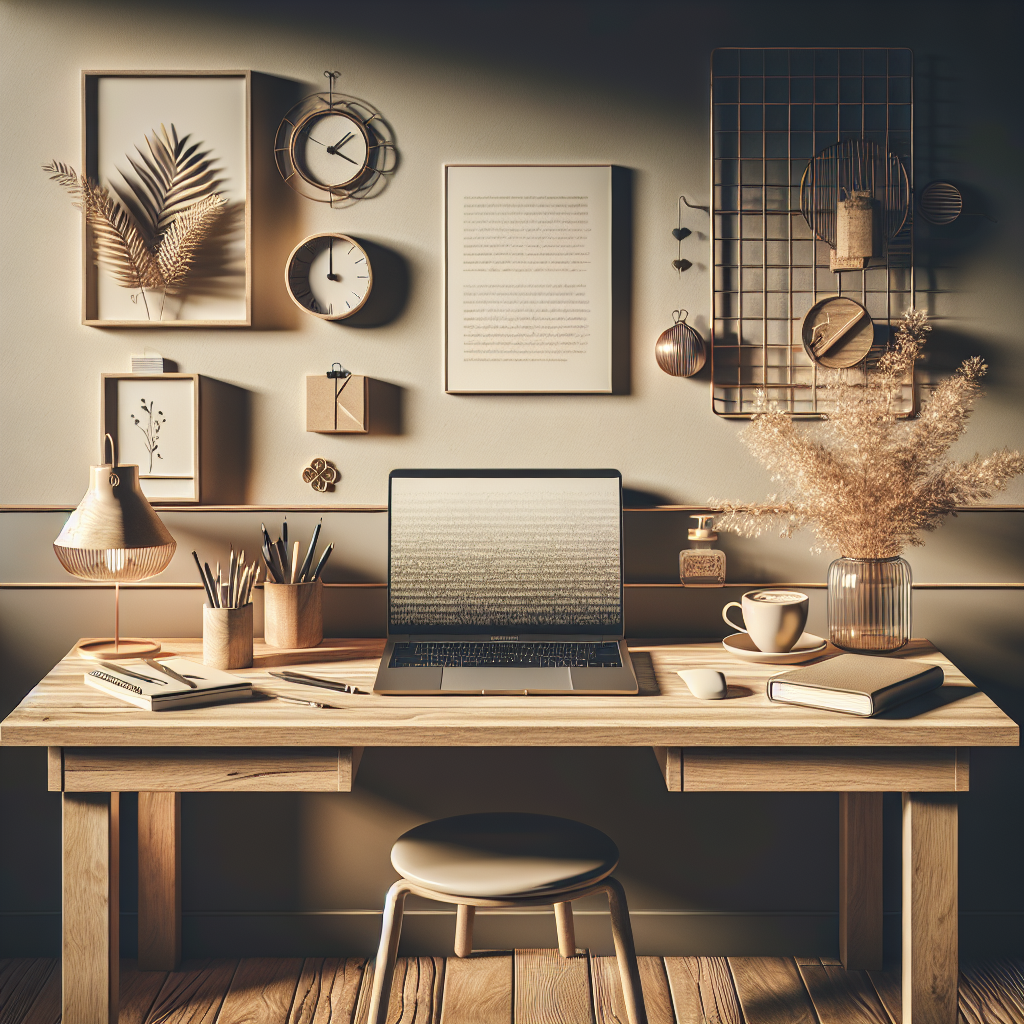 A realistic image of a laptop on a modern wooden desk with a notebook, pen, and a cup of coffee in a cozy home office setting.