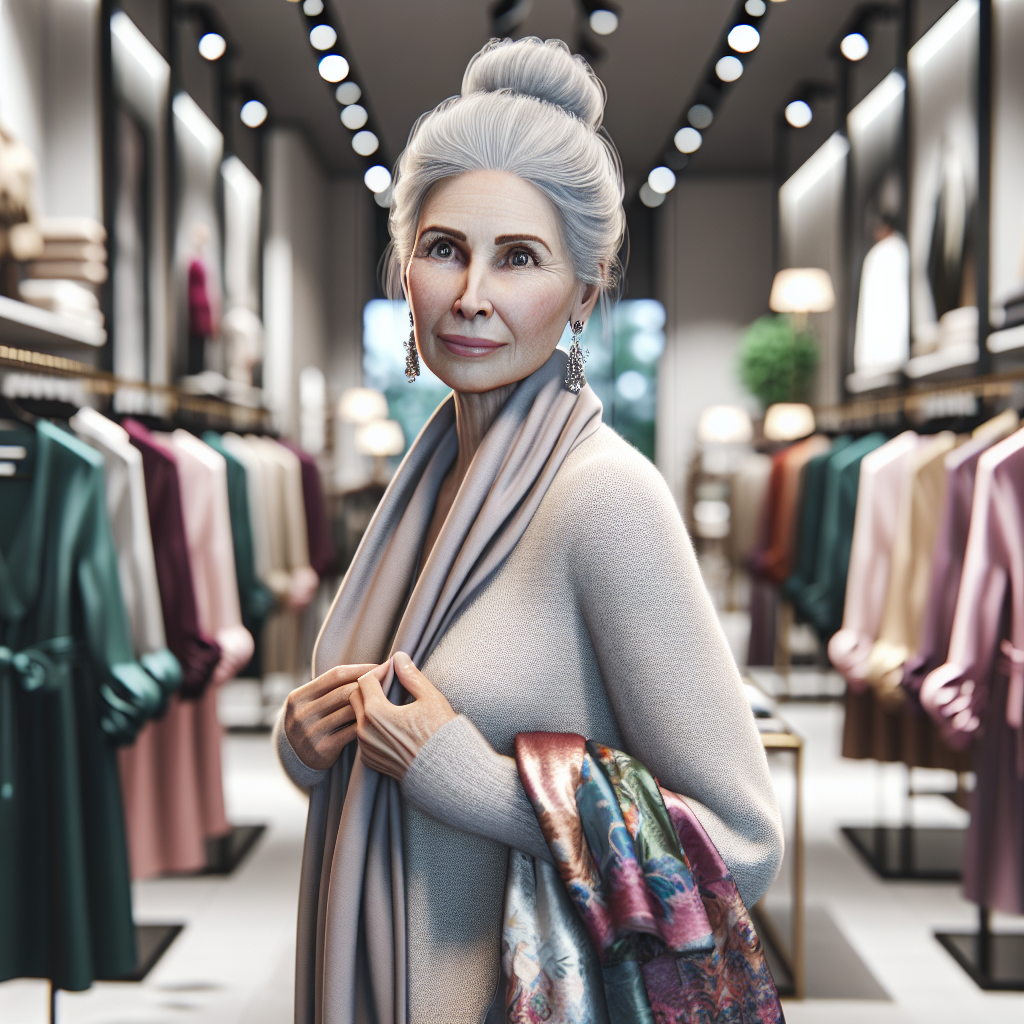 A stylish elderly woman shopping in a high-end clothing store, surrounded by racks of high-quality garments.