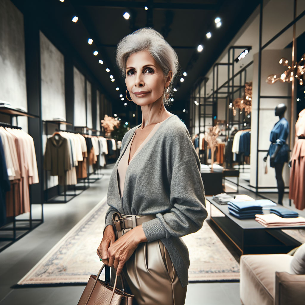 Stylish senior woman shopping in a high-end clothing store, showcasing modern and chic clothing.