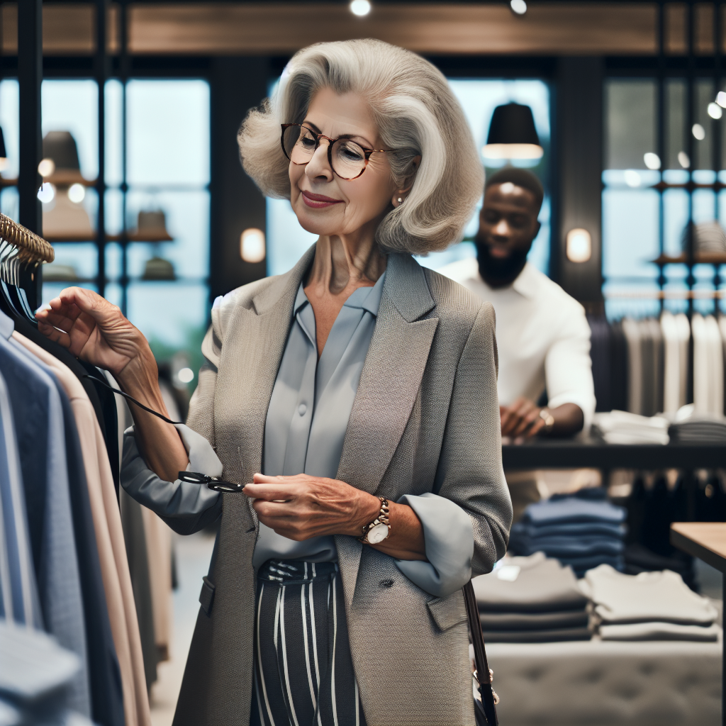 A stylish elderly woman shopping for clothes in a modern retail store.