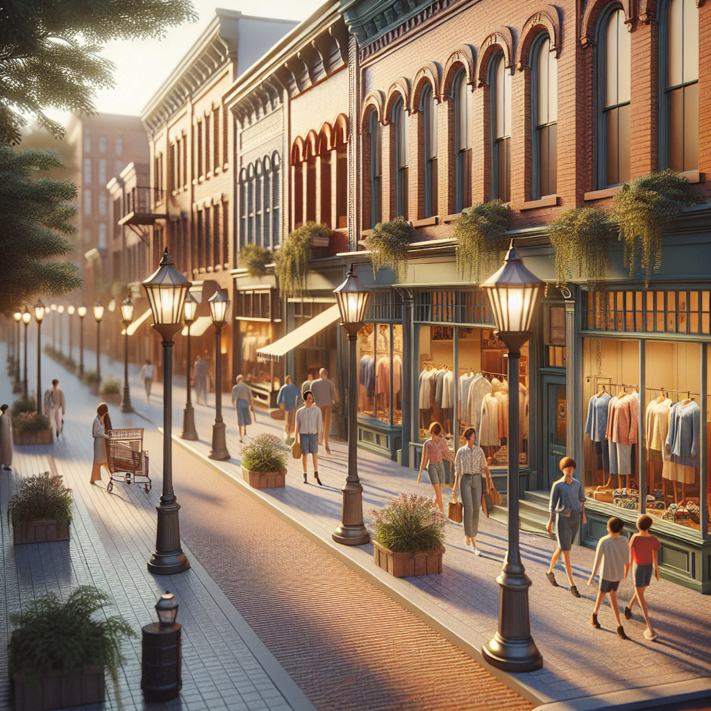 A realistic street view of Logan, Utah with clothing stores at golden hour.