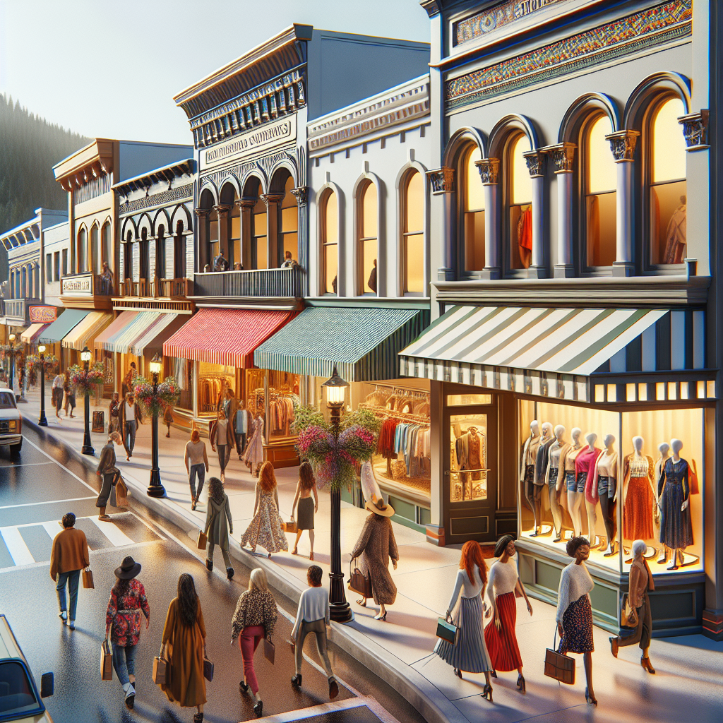 Main street of Logan, Utah bathed in warm, inviting light, showcasing various stylish clothing store storefronts with diverse, fashionably dressed people walking by.