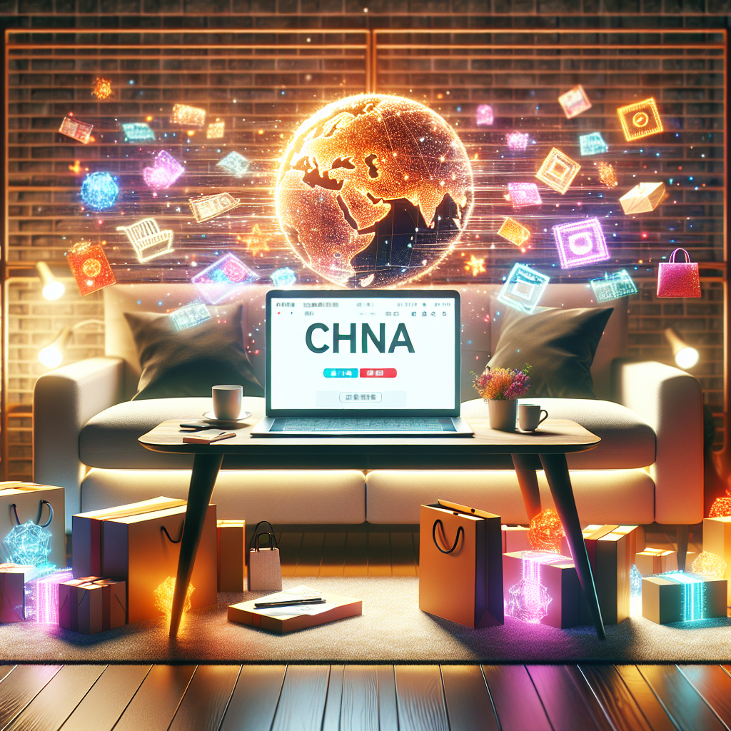 Realistic scene of a living room showcasing Chinese online shopping with a laptop, parcels, and a variety of products.