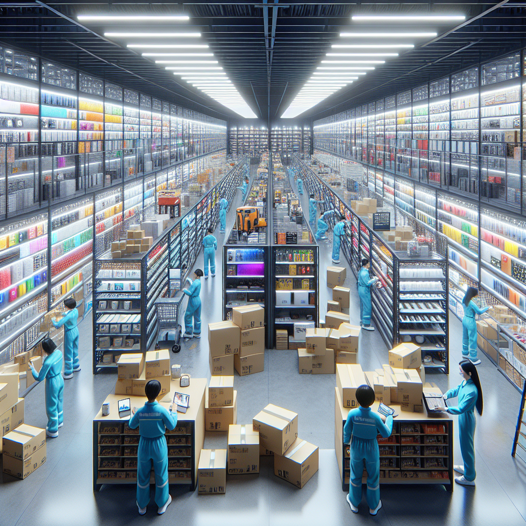 A realistic depiction of a busy Chinese e-commerce warehouse with shelves of products, workers managing inventory, and modern design.