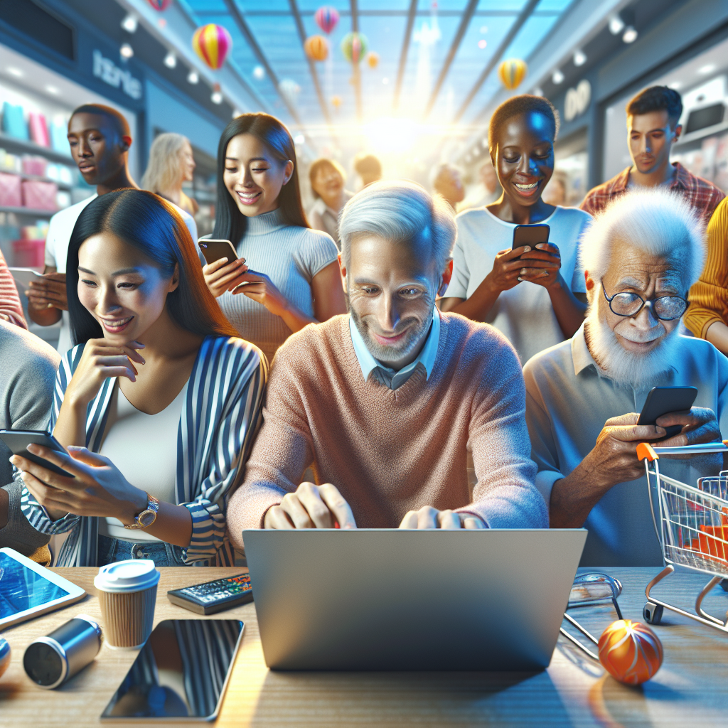 A realistic depiction of diverse individuals shopping online, showcasing various products in a vibrant and dynamic scene.