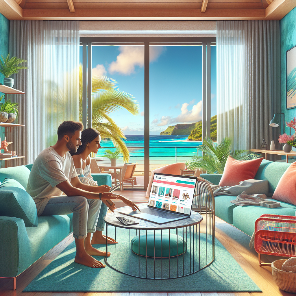 A vibrant Mauritian family shopping online at home with a beach view.