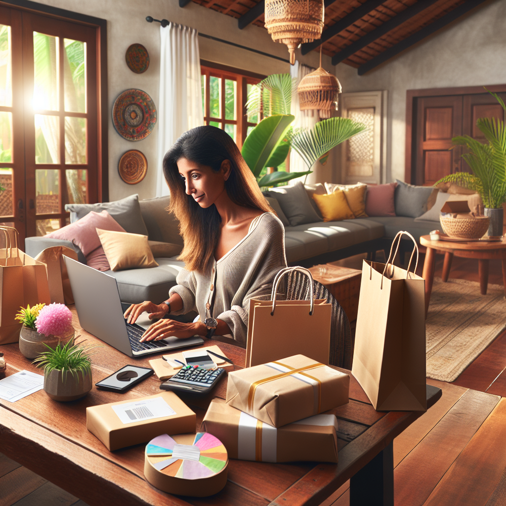 A modern Mauritian woman online shopping at home with packages and tropical decor.