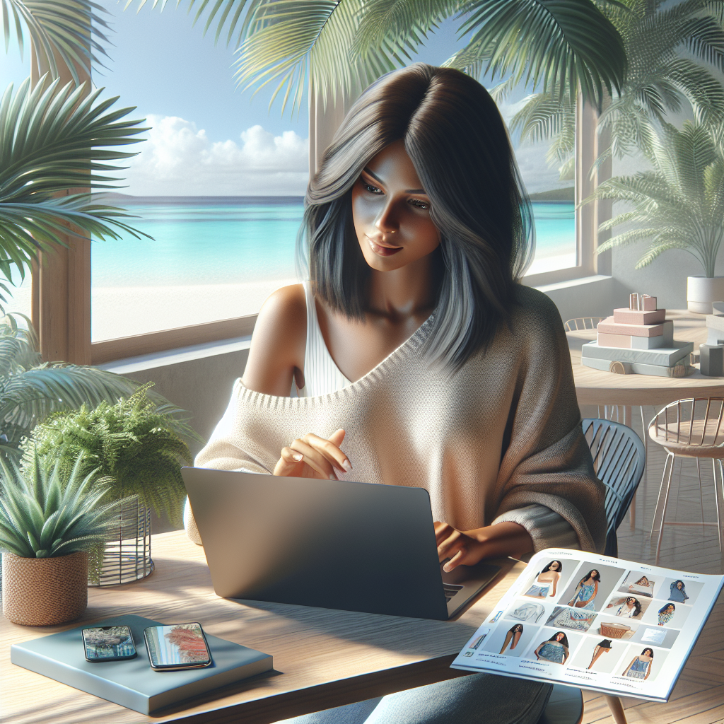 A Mauritian woman shopping online on a laptop with a beach view.