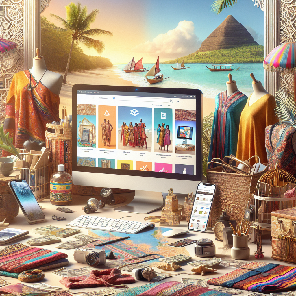 A realistic image of e-commerce in Mauritius, blending digital shopping with the island's culture and landscapes.