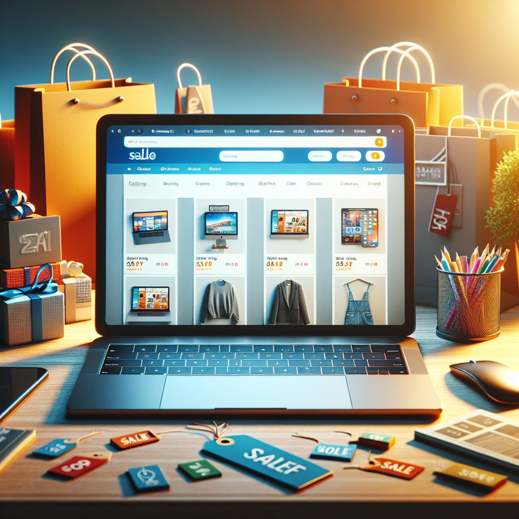 A realistic depiction of an online shopping scene with a laptop displaying discounted products and sale tags.