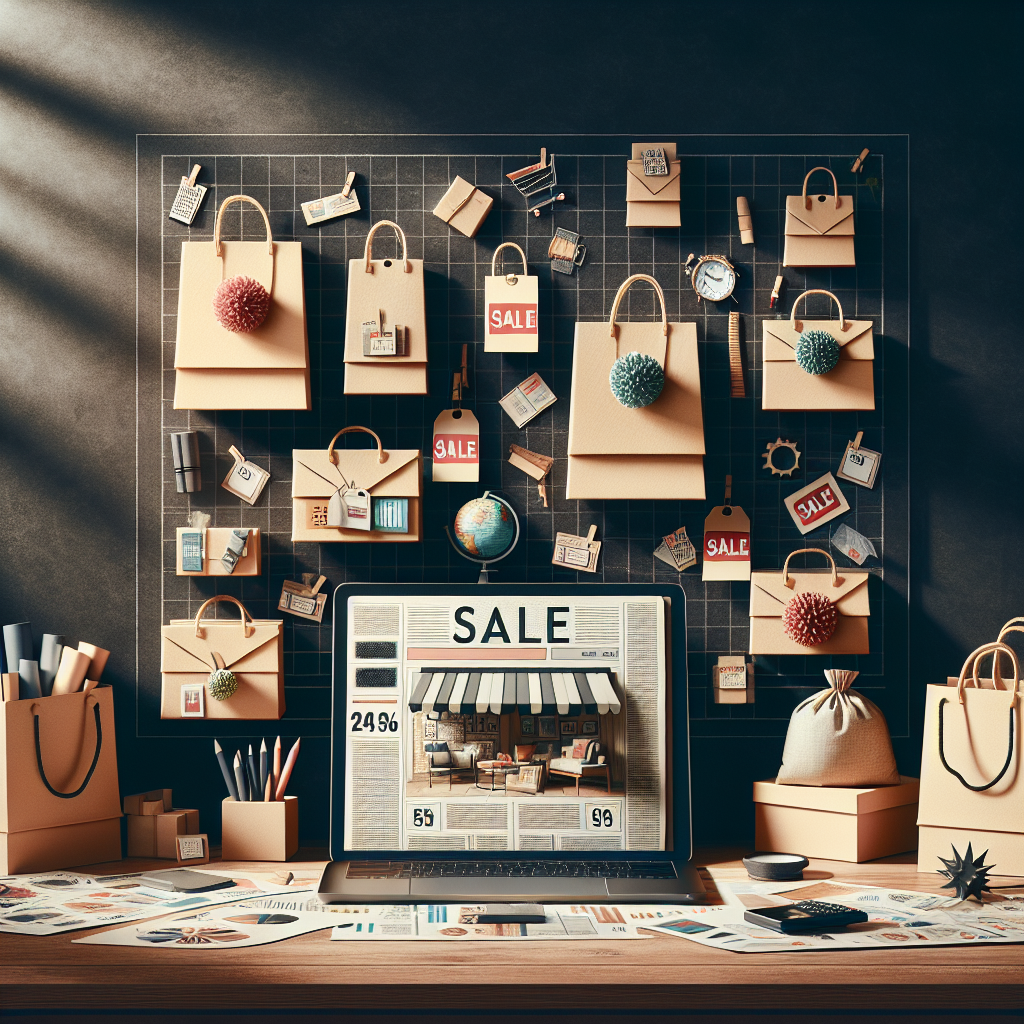 A realistic scene of a desk with a laptop displaying an online discount shopping site, surrounded by shopping bags with discount tags.