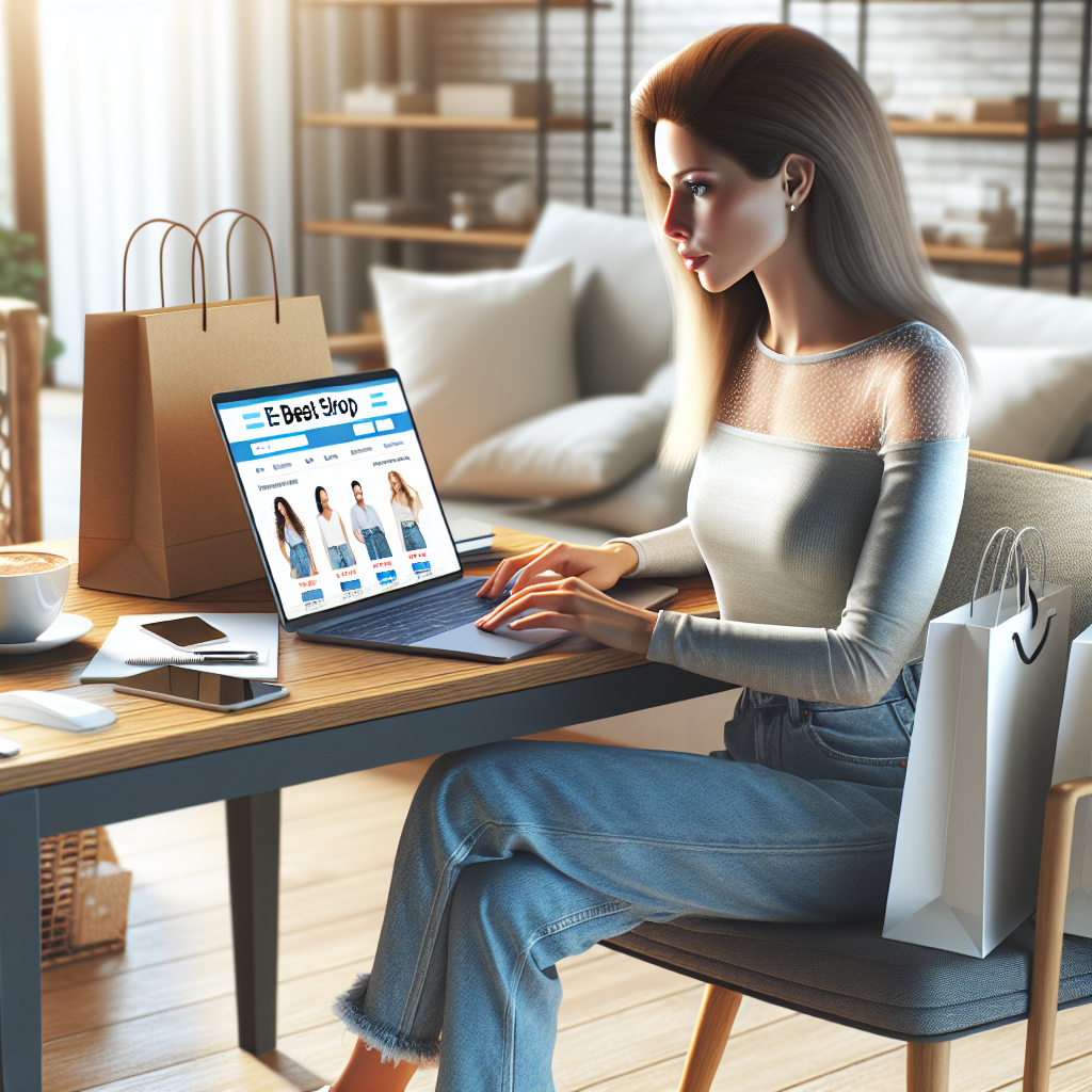 A woman browsing an online shopping site at a cozy desk, surrounded by shopping bags and gadgets.