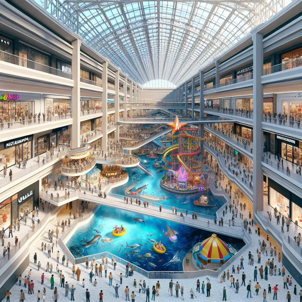 A wide-angle, realistic image of the Mall of America, showcasing its expansive architecture, indoor amusement park, and aquarium amid a bustling crowd.